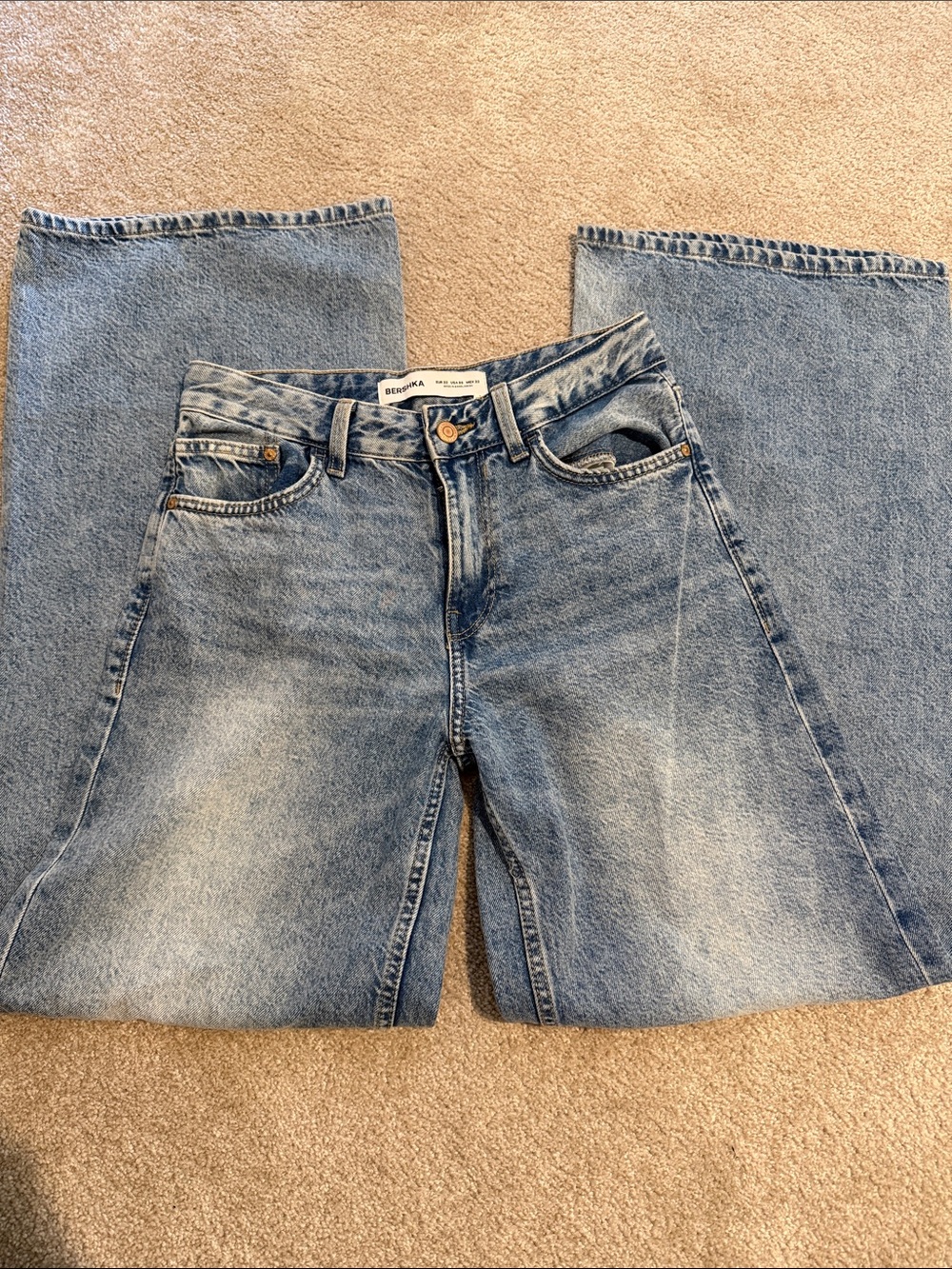Bershka Light Blue Flared Wide-Leg Jeans